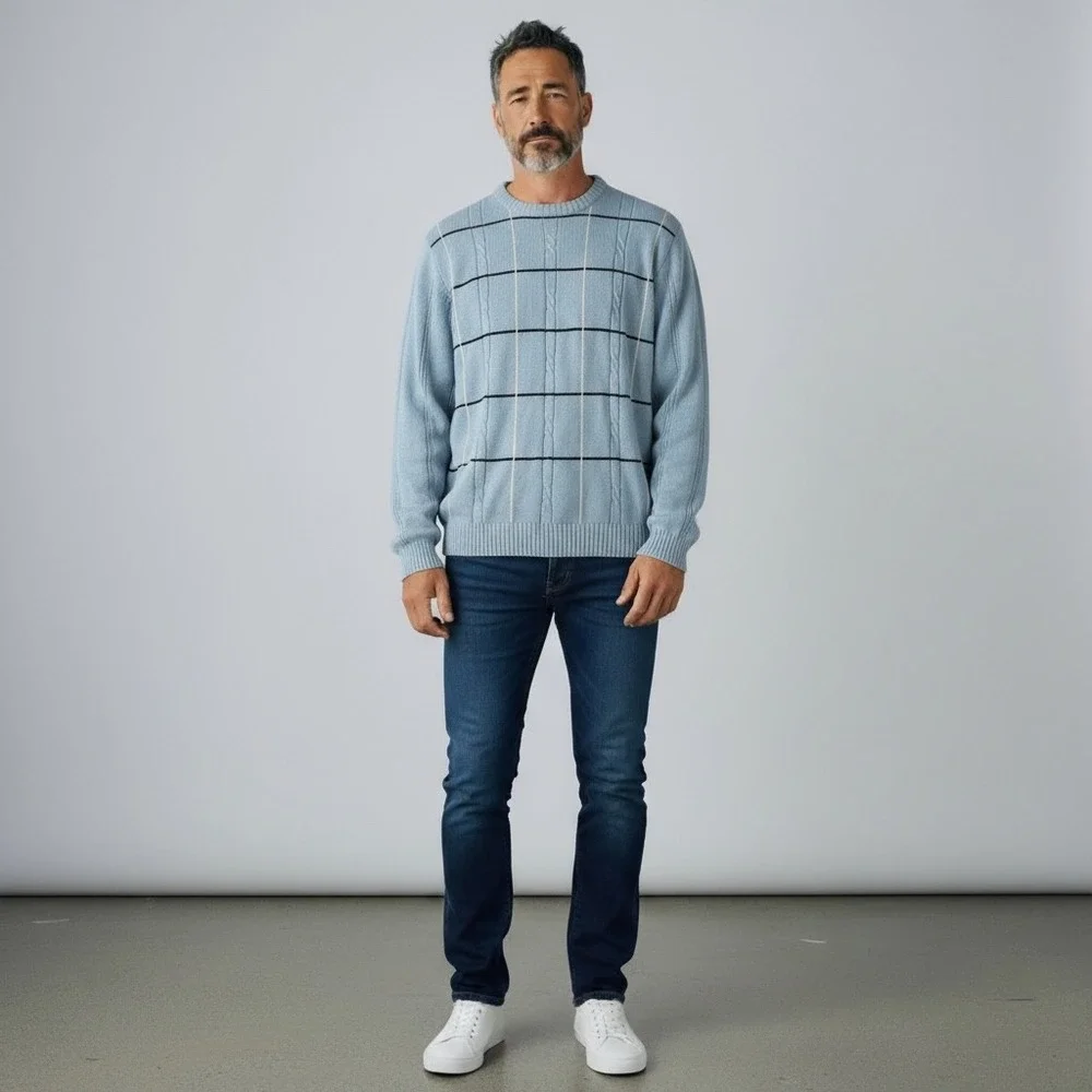 Bill Blass Mens Light Blue Cotton Cable Knit Windowpane Crewneck Sweater XL